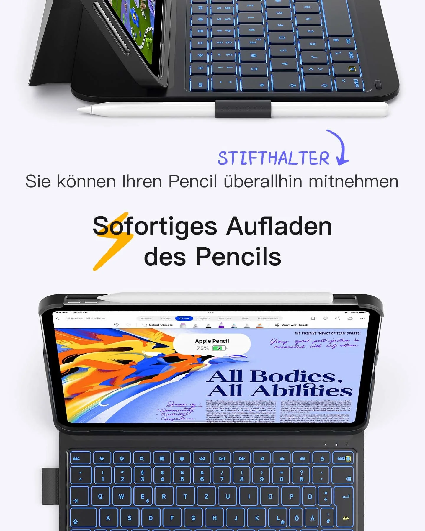 Bàn Phím Bluetooth Kiêm Bao Da iPad 11 inateck AirTap Led RGB – Giải Pháp Hoàn Hảo Cho iPad Air & Pro 11-inch (BK2007-RGB)